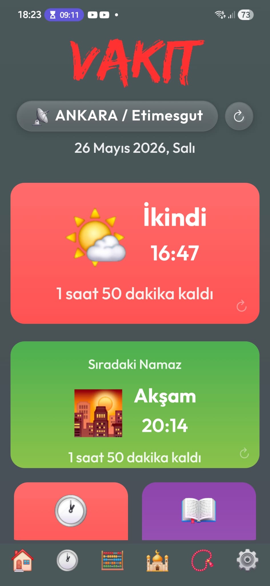 Vakit uygulaması ana ekran — namaz vakitleri