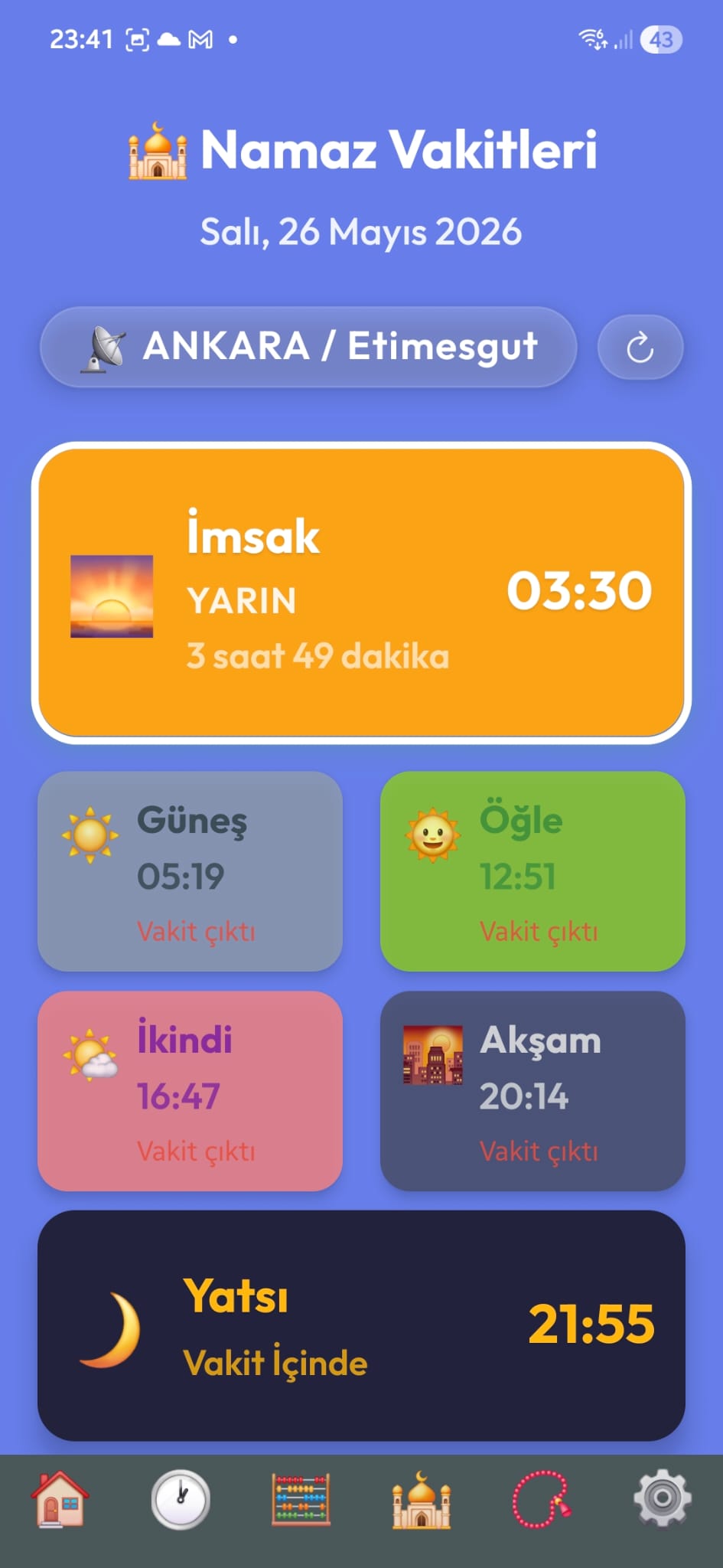 Namaz vakitleri özet görünümü